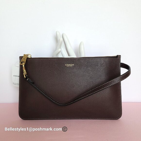 COACH New York Natural Grain Leather Top-Zip Pouch with Dog-clip Leash- Maple ⭐ - Picture 1 of 16
